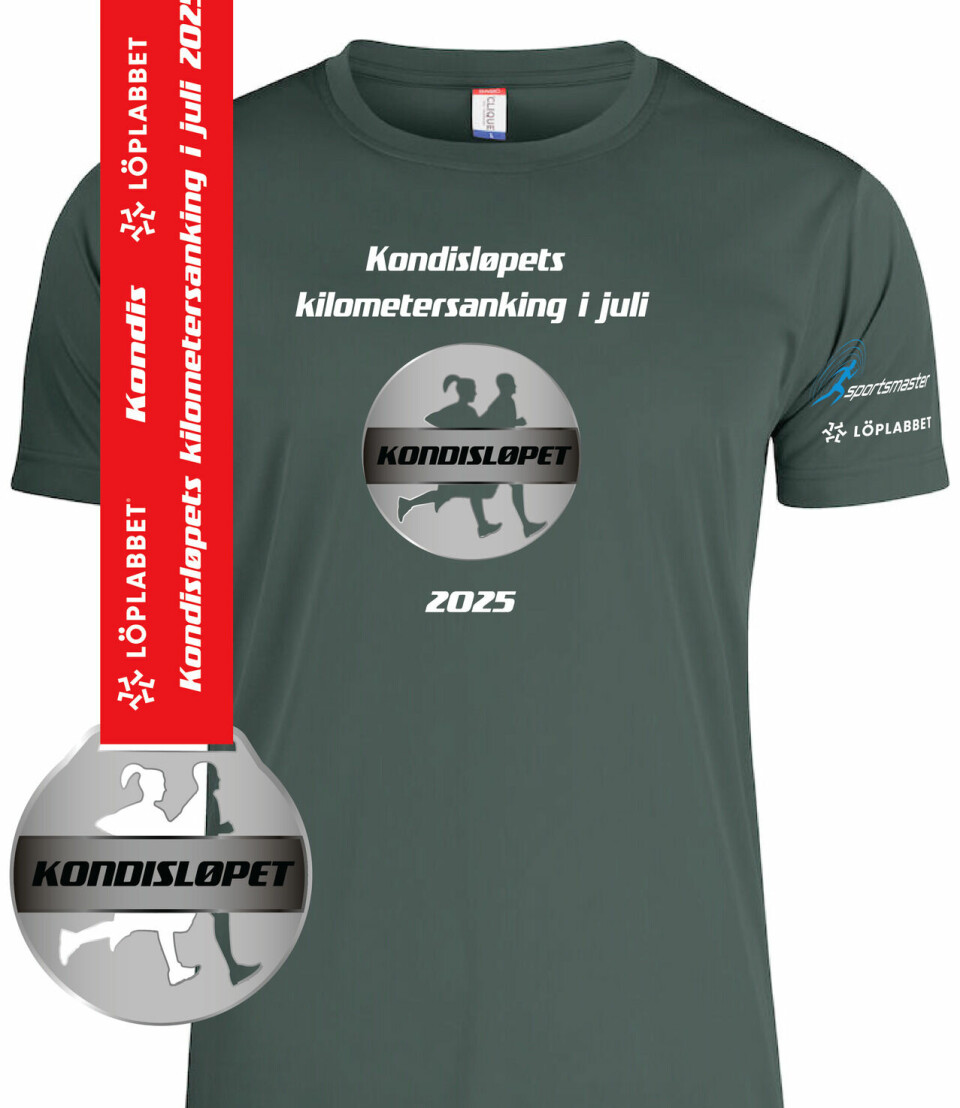 Fargevalg:Løpets T-skjorte kan fåes i fargene grønngrå (som over) og marineblå. (Foto: Profilsport © Kondis) Medaljer og T-skjorter til Kondisløpene 2025